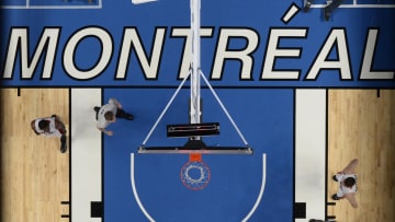 Oct 24, 2014; Montreal, Quebec, CAN; An overhead view of the game between the Toronto Raptors and the New York Knicks during the second half at the Bell Centre. Mandatory Credit: Eric Bolte-USA TODAY Sports