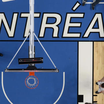 Oct 24, 2014; Montreal, Quebec, CAN; An overhead view  of the game between the Toronto Raptors and the New York Knicks during the second half at the Bell Centre. Mandatory Credit: Eric Bolte-USA TODAY Sports