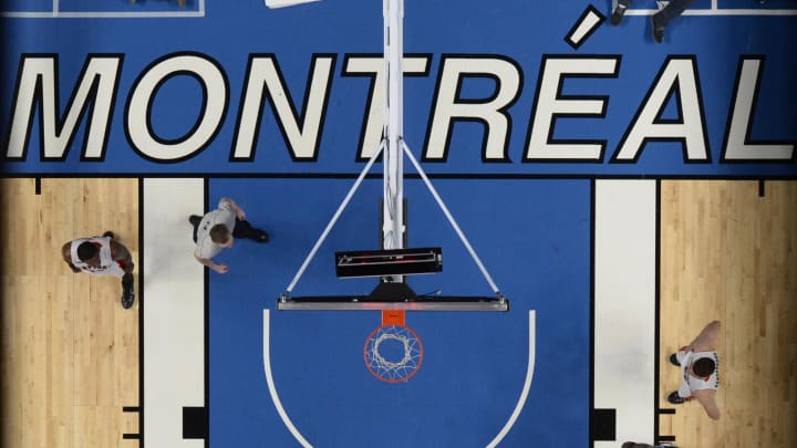 Oct 24, 2014; Montreal, Quebec, CAN; An overhead view  of the game between the Toronto Raptors and the New York Knicks during the second half at the Bell Centre. Mandatory Credit: Eric Bolte-USA TODAY Sports