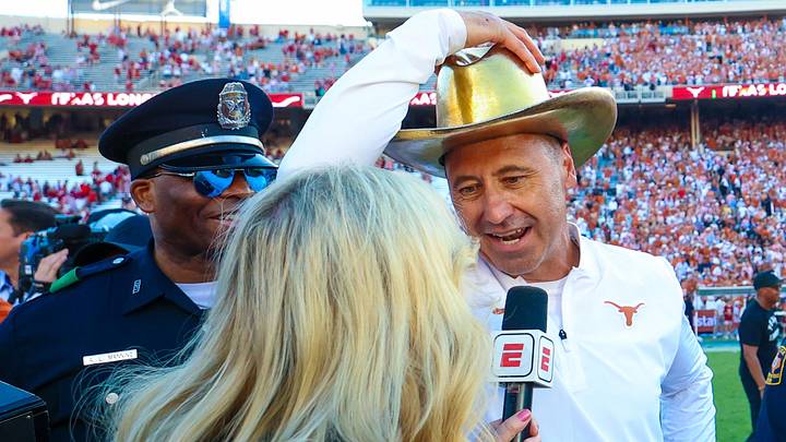 Oct 11, 2025; Dallas, Texas, USA;  Texas Longhorns head coach Steve Sarkisian wears the Golden Hat after the game against the Oklahoma Sooners at the Cotton Bowl. Mandatory Credit: Kevin Jairaj-Imagn Images