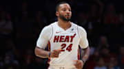 Oct 6, 2025; Miami, Florida, USA; Miami Heat guard Norman Powell (24) runs on the court against the Milwaukee Bucks during the first quarter at Kaseya Center. Mandatory Credit: Sam Navarro-Imagn Images