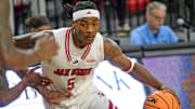 Jacksonville State guard Jaron Pierre Jr. drives to the basket during college basketball action against New Mexico State in Jacksonville, Alabama February 20, 2025. Jax State fell to New Mexico State 61-52.