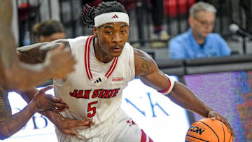 Jacksonville State guard Jaron Pierre Jr. drives to the basket during college basketball action against New Mexico State in Jacksonville, Alabama February 20, 2025. Jax State fell to New Mexico State 61-52.