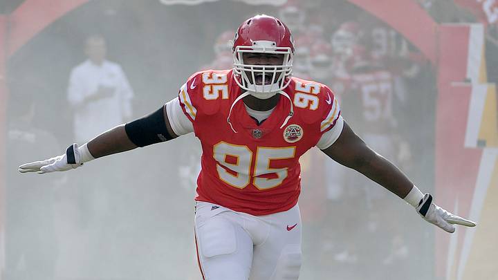 Nov 26, 2017; Kansas City, MO, USA; Kansas City Chiefs defensive end Chris Jones (95) runs onto the field during player introductions before the game against the Buffalo Bills at Arrowhead Stadium. Mandatory Credit: Denny Medley-USA TODAY Sports