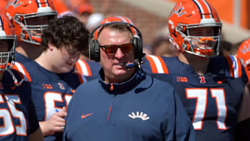 Sep 14, 2024; Champaign, Illinois, USA; Illinois Fighting Illini head coach Bret Bielema on the sidelines during the second half against the Central Michigan Chippewas at Memorial Stadium. Mandatory Credit: Ron Johnson-Imagn Images