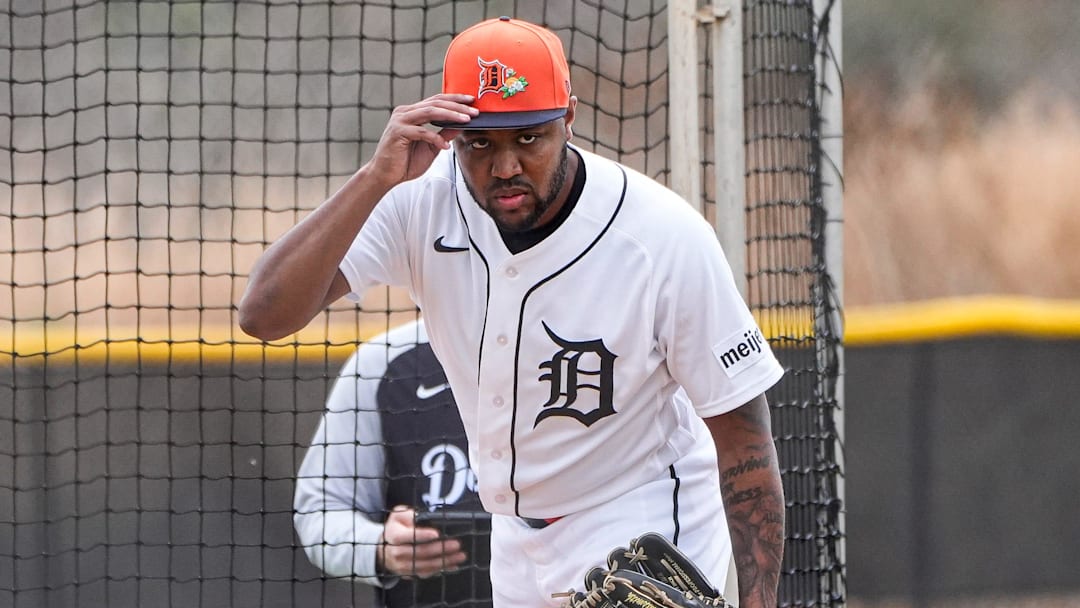 Detroit Tigers pitcher Dylan Smith throws at live batting practice during spring training at TigerTown in Lakeland, Fla. on Monday, Feb. 16, 2026.