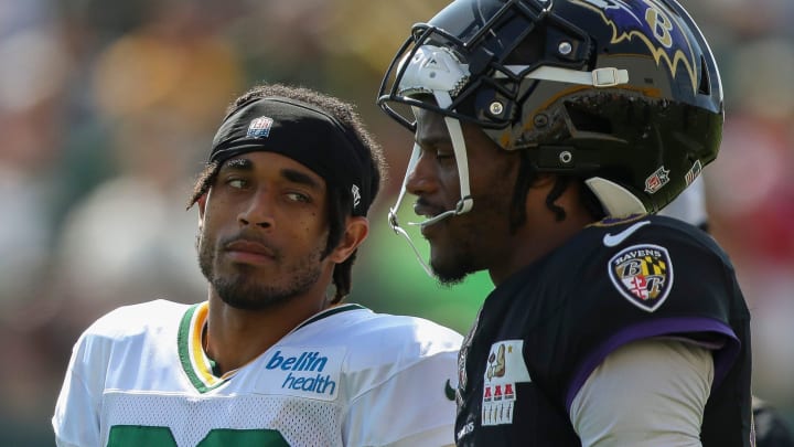 Green Bay Packers cornerback talks with Baltimore Ravens quarterback and former University of Louisville teammate Lamar Jackson.