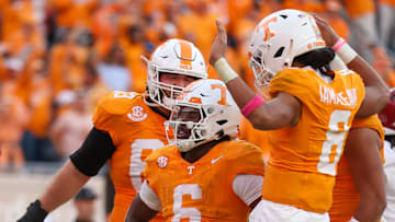 Oct 19, 2024; Knoxville, Tennessee, USA; Tennessee Volunteers running back Dylan Sampson (6) celebrates after a touchdown against the Alabama Crimson Tide during the second half at Neyland Stadium. Mandatory Credit: Randy Sartin-Imagn Images