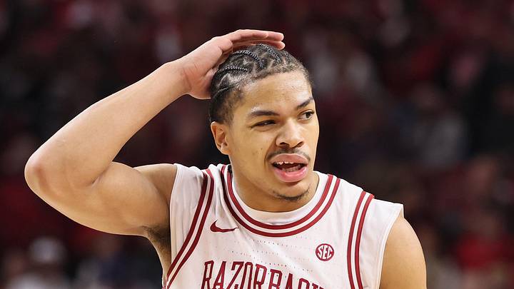 Arkansas Razorbacks guard Darius Acuff Jr (5) reacts after a play against the Tennessee Volunteers during the second half at Bud Walton Arena on January 3, 2026.