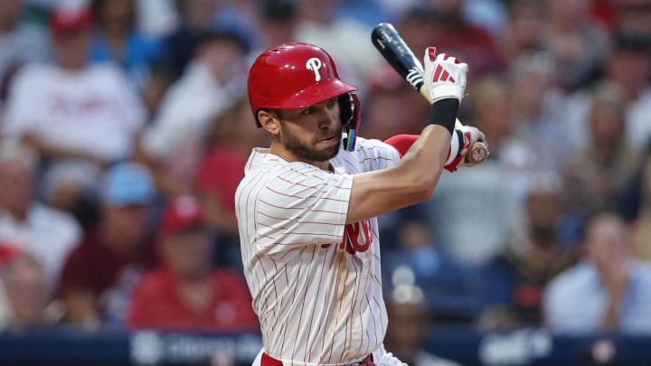 Aug 27, 2024; Philadelphia, Pennsylvania, USA; Philadelphia Phillies shortstop Trea Turner (7) hits an RBI single against the Houston Astros during the third inning at Citizens Bank Park. 