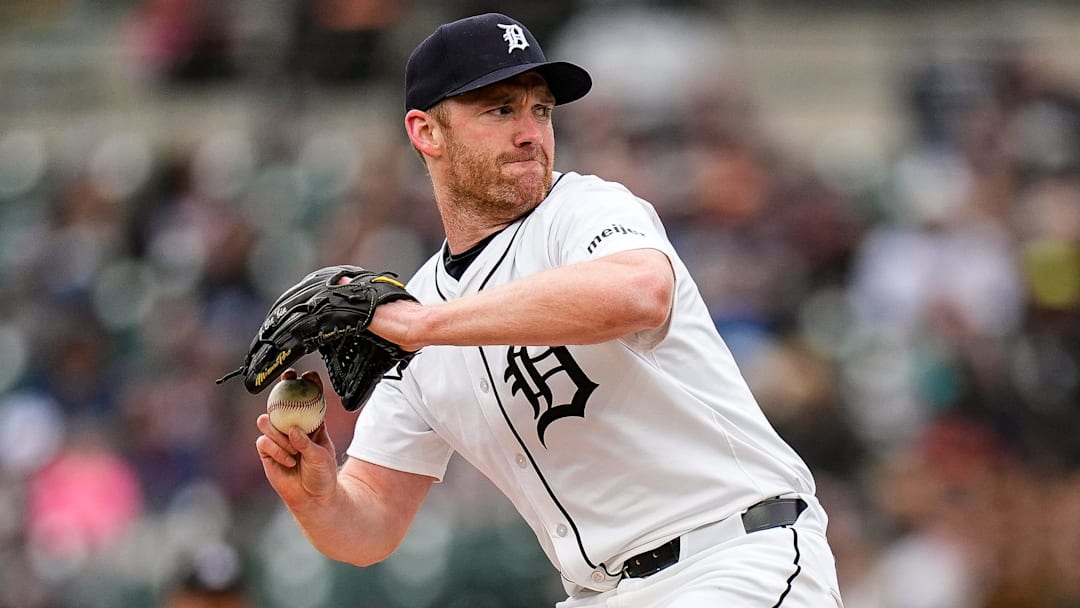 Detroit Tigers pitcher John Brebbia (49) throws against Chicago White Sox during the eighth inning at Comerica Park in Detroit on Saturday, April 5, 2025. Detroit Tigers pitcher John Brebbia (49) throws against Chicago White Sox during the eighth inning at Comerica Park in Detroit on Saturday, April 5, 2025.