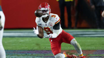 Feb 12, 2023; Glendale, Arizona, US; Kansas City Chiefs wide receiver JuJu Smith-Schuster (9) catches the ball against the Philadelphia Eagles at Super Bowl LVII at State Farm Stadium. Mandatory Credit: Bill Streicher-USA TODAY Sports