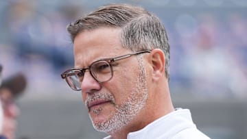 Oct 13, 2025; Toronto, Ontario, CAN; Toronto Blue Jays general manager Ross Atkins talks with the media during batting practice between the Toronto Blue Jays and Seattle Mariners before game two of the ALCS round for the 2025 MLB playoffs at Rogers Centre.