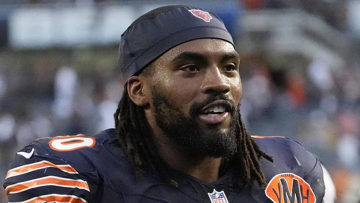 Sep 21, 2025; Chicago, Illinois, USA; Chicago Bears offensive tackle Braxton Jones (70) after the game against the Dallas Cowboys at Soldier Field. Mandatory Credit: David Banks-Imagn Images