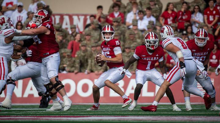 Indiana's Fernando Mendoza (15) in the pocket during the Indiana versus Wisconson football game at Memorial Stadium on Saturday, Nov. 15, 2025.