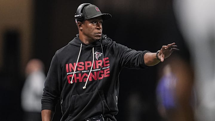Jan 4, 2026; Atlanta, Georgia, USA; Atlanta Falcons head coach Raheem Morris on the sideline during the game against the New Orleans Saints during the second half at Mercedes-Benz Stadium. Mandatory Credit: Dale Zanine-Imagn Images