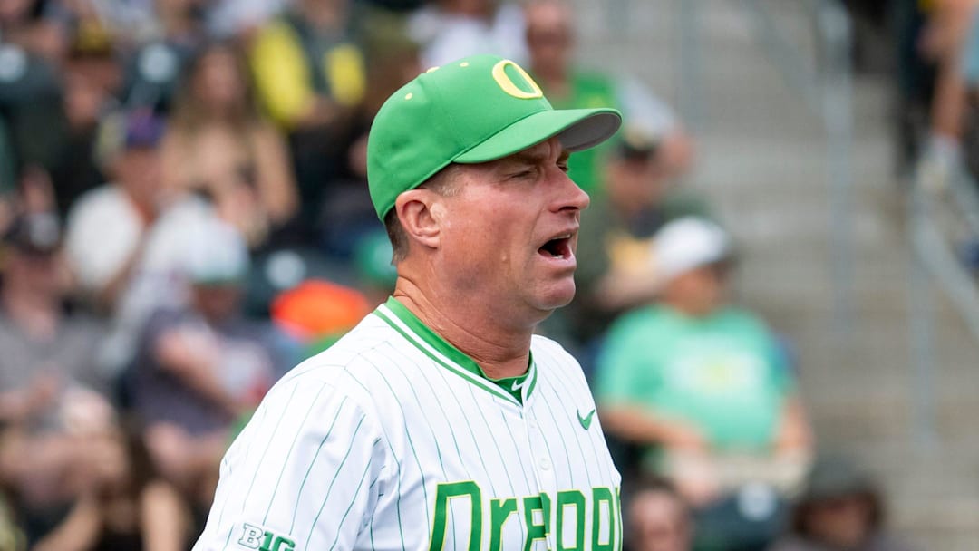 Oregon coach Mark Wasikowski comes out from the dugout to dispute a call as the Oregon Ducks host the Washington Huskies on May 10, 2025, at PK Park in Eugene. Oregon coach Mark Wasikowski comes out from the dugout to dispute a call as the Oregon Ducks host the Washington Huskies on May 10, 2025, at PK Park in Eugene.
