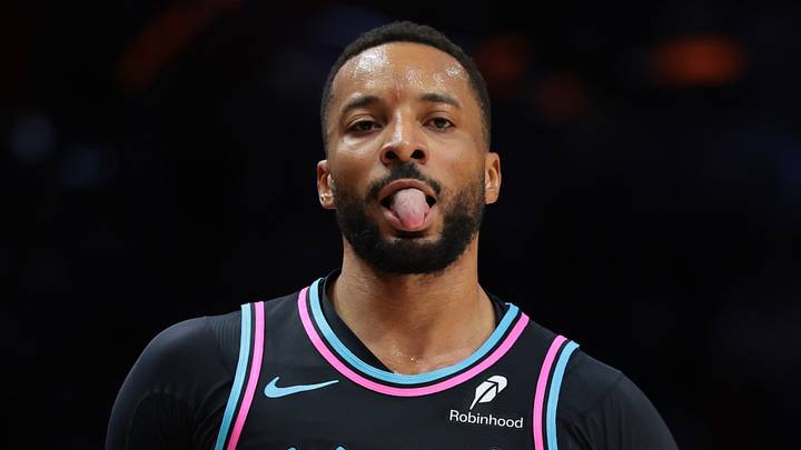 Jan 3, 2026; Miami, Florida, USA; Miami Heat guard Norman Powell (24) reacts after scoring against the Minnesota Timberwolves during the third quarter at Kaseya Center. Mandatory Credit: Sam Navarro-Imagn Images