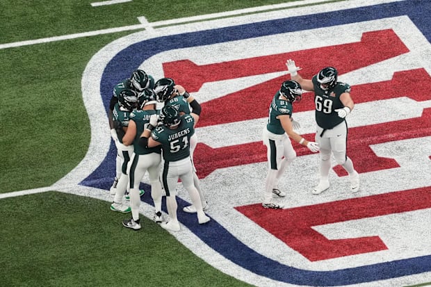 Former Alabama Crimson Tide offensive lineman Landon Dickerson of the Philadelphia Eagles in Super Bowl LIX.