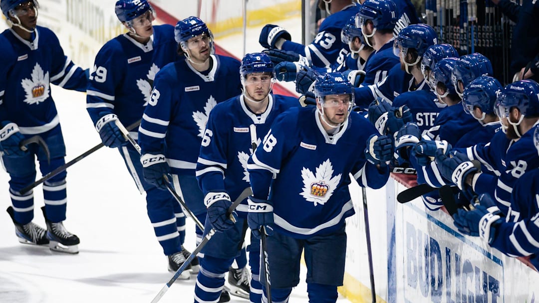 Carl Dahlstr m celebrates his goal for the Toronto Marlies with his teammates at the Adirondack Bank Center in Utica on Friday, May 5, 2023. Toronto defeated Utica 4-1, eliminating the Comets from the playoffs. Carl Dahlstr m celebrates his goal for the Toronto Marlies with his teammates at the Adirondack Bank Center in Utica on Friday, May 5, 2023. Toronto defeated Utica 4-1, eliminating the Comets from the playoffs.