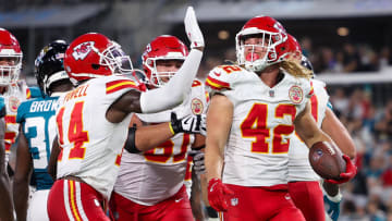 Aug 10, 2024; Jacksonville, Florida, USA; Kansas City Chiefs running back Carson Steele (42) celebrates after scoring a touchdown against the Jacksonville Jaguars in the second quarter during preseason at EverBank Stadium. Mandatory Credit: Nathan Ray Seebeck-USA TODAY Sports