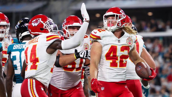 Aug 10, 2024; Jacksonville, Florida, USA; Kansas City Chiefs running back Carson Steele (42) celebrates after scoring a touchdown against the Jacksonville Jaguars in the second quarter during preseason at EverBank Stadium. Mandatory Credit: Nathan Ray Seebeck-USA TODAY Sports