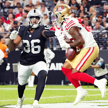 Aug 23, 2024; Paradise, Nevada, USA; San Francisco 49ers wide receiver Jacob Cowing (83) makes a touchdown catch against Las Vegas Raiders cornerback Rayshad Williams (36) during the third quarter at Allegiant Stadium. Mandatory Credit: Stephen R. Sylvanie-Imagn Images