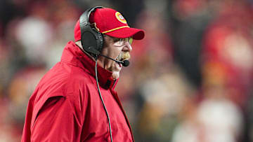 Dec 8, 2024; Kansas City, Missouri, USA; Kansas City Chiefs head coach Andy Reid reacts to a penalty during the second half against the Los Angeles Chargers at GEHA Field at Arrowhead Stadium. Mandatory Credit: Jay Biggerstaff-Imagn Images
