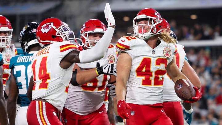 Aug 10, 2024; Jacksonville, Florida, USA; Kansas City Chiefs running back Carson Steele (42) celebrates after scoring a touchdown against the Jacksonville Jaguars in the second quarter during preseason at EverBank Stadium. Mandatory Credit: Nathan Ray Seebeck-USA TODAY Sports