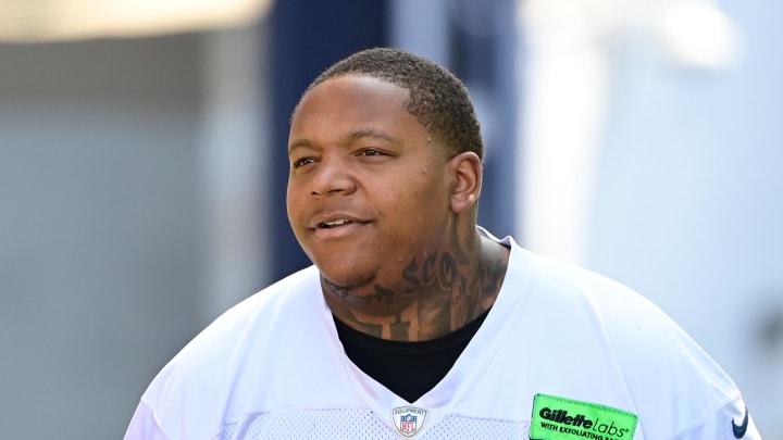 Jul 26, 2023; Foxborough, MA, USA; New England Patriots offensive tackle Trent Brown (77) makes his way to the practice fields for  training camp at Gillette Stadium. Mandatory Credit: Eric Canha-USA TODAY Sports