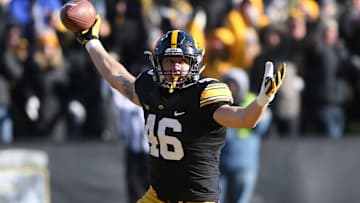 Nov 21, 2015; Iowa City, IA, USA;Iowa Hawkeyes tight end George Kittle (46) celebrates a touchdown catch against the Purdue Boilermakers in the third quarter at Kinnick Stadium. Iowa beat Purdue 40-20. Mandatory Credit: Reese Strickland-Imagn Images