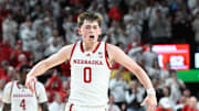 Mar 1, 2025; Lincoln, Nebraska, USA;  Nebraska Cornhuskers guard Connor Essegian (0) reacts after scoring on a three point basket against the Minnesota Golden Gophers during the second half at Pinnacle Bank Arena. Mandatory Credit: Steven Branscombe-Imagn Images