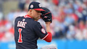 Apr 29, 2025; Philadelphia, Pennsylvania, USA; Washington Nationals pitcher MacKenzie Gore (1) against the Philadelphia Phillies at Citizens Bank Park. Mandatory Credit: Eric Hartline-Imagn Images