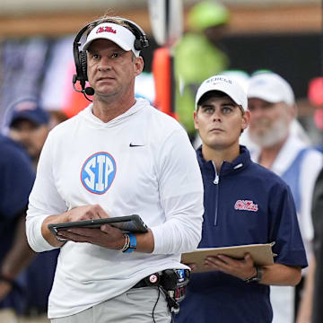 Sep 14, 2024; Winston-Salem, North Carolina, USA;  Mississippi Rebels head coach Lane Kiffin during the first half against the Wake Forest Demon Deacons at Allegacy Federal Credit Union Stadium. Mandatory Credit: Jim Dedmon-Imagn Images