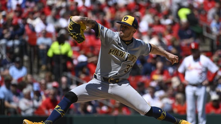 Apr 20, 2024; St. Louis, Missouri, USA; Milwaukee Brewers starting pitcher DL Hall (37) pitches against the St. Louis Cardinals in the first inning at Busch Stadium.