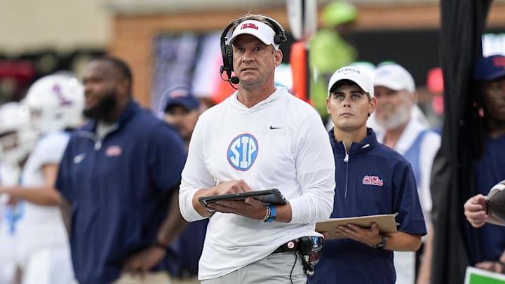 Sep 14, 2024; Winston-Salem, North Carolina, USA;  Mississippi Rebels head coach Lane Kiffin during the first half against the Wake Forest Demon Deacons at Allegacy Federal Credit Union Stadium. Mandatory Credit: Jim Dedmon-Imagn Images