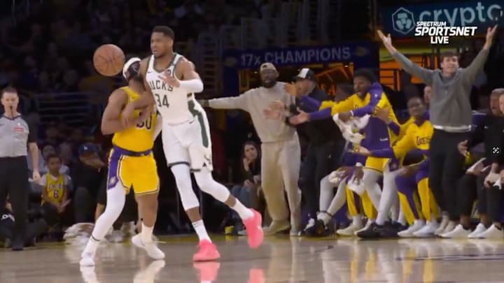 The Lakers bench reacts to an uncalled double-dribble from Giannis Antetokounmpo. The Lakers bench reacts to an uncalled double-dribble from Giannis Antetokounmpo.