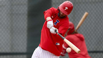 Feb 19, 2025; Clearwater, FL, USA;  Philadelphia Phillies first base Bryce Harper (3) take live batting practice during  spring training workouts at BayCare Ballpark. 
