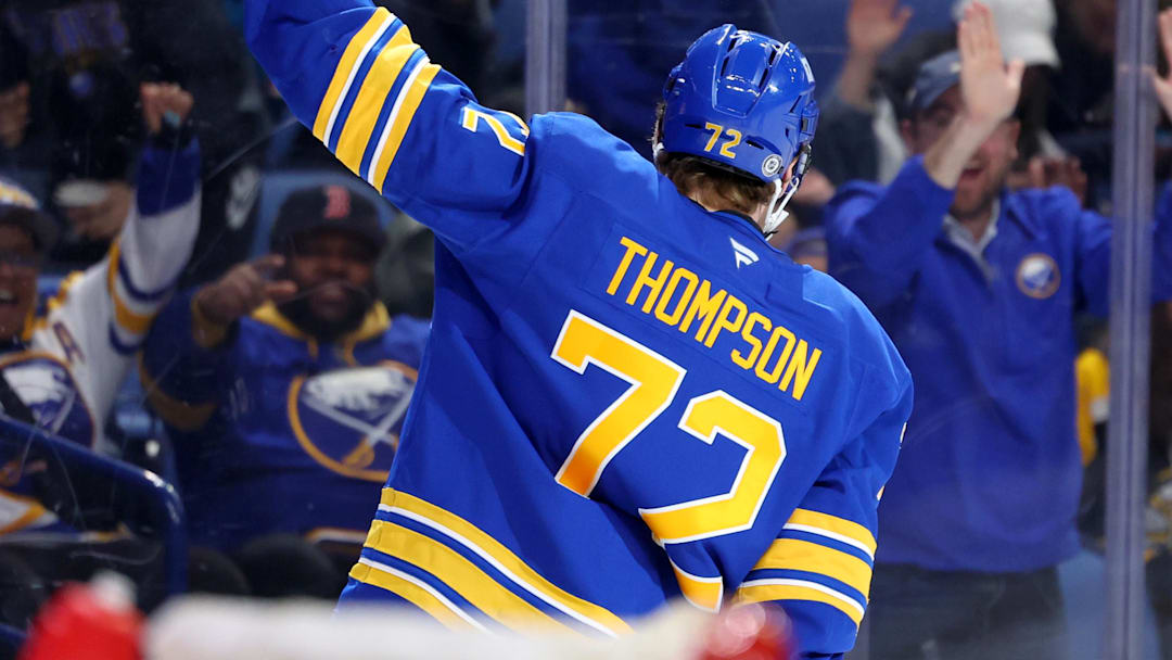 Apr 6, 2025; Buffalo, New York, USA;  Buffalo Sabres center Tage Thompson (72) reacts after scoring a goal during the second period against the Boston Bruins at KeyBank Center. Mandatory Credit: Timothy T. Ludwig-Imagn Images