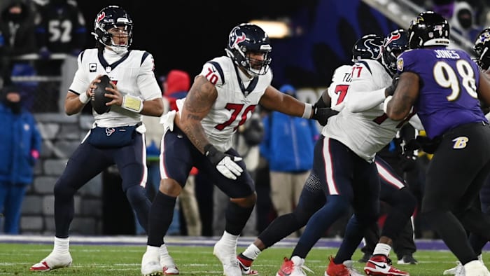 sJan 20, 2024; Baltimore, MD, USA; Houston Texans quarterback C.J. Stroud (7) drops back to pass