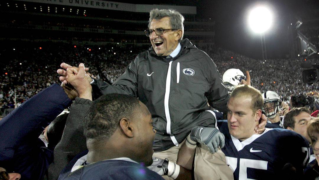 Penn State Nittany Lions head coach Joe Paterno is carried off the field after earning his 400th career victory by defeating the Northwestern Wildcats in 2010. Penn State Nittany Lions head coach Joe Paterno is carried off the field after earning his 400th career victory by defeating the Northwestern Wildcats in 2010.