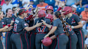 Alabama celebrates a home run by infielder Salen Hawkins (47) during an NCAA softball game at Katie Seashole Pressly Stadium in Gainesville, FL on Friday, April 18, 2025. Florida won 12-4 in the fifth inning.