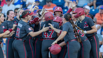 Alabama celebrates a home run by infielder Salen Hawkins (47) during an NCAA softball game at Katie Seashole Pressly Stadium in Gainesville, FL on Friday, April 18, 2025. Florida won 12-4 in the fifth inning.