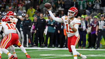 Feb 9, 2025; New Orleans, LA, USA; Kansas City Chiefs quarterback Patrick Mahomes (15) passes the ball against the Philadelphia Eagles during the first half of Super Bowl LIX at Caesars Superdome. Mandatory Credit: Geoff Burke-Imagn Images