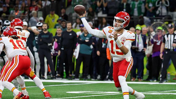 Feb 9, 2025; New Orleans, LA, USA; Kansas City Chiefs quarterback Patrick Mahomes (15) passes the ball against the Philadelphia Eagles during the first half of Super Bowl LIX at Caesars Superdome. Mandatory Credit: Geoff Burke-Imagn Images