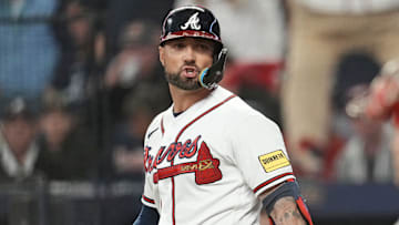 Oct 9, 2023; Cumberland, Georgia, USA; Atlanta Braves left fielder Kevin Pillar (17) reacts to a called third strike during the seventh inning against the Philadelphia Phillies in game two of the NLDS for the 2023 MLB playoffs at Truist Park. Mandatory Credit: Dale Zanine-Imagn Images
