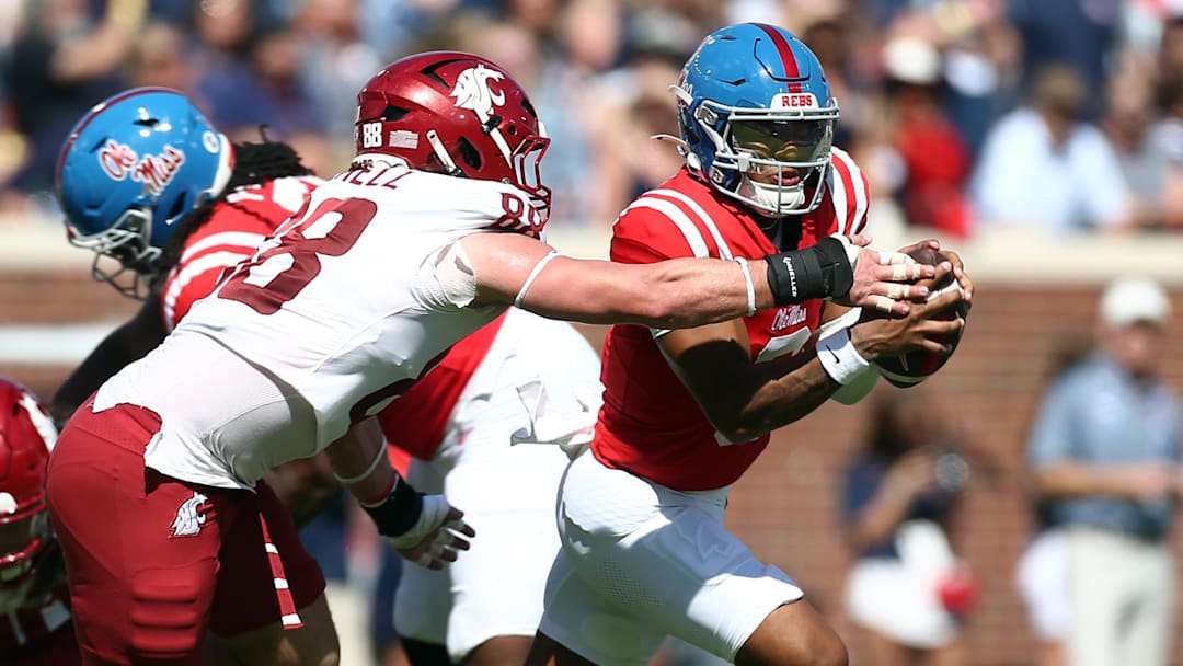 Washington State Cougars defensive end Isaac Terrell (88) forces Mississippi Rebels quarterback Trinidad Chambliss (6) to fumble during the second quarter at Vaught-Hemingway Stadium.