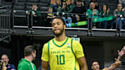 Dec 8, 2024; Eugene, Oregon, USA; Oregon Ducks forward Kwame Evans Jr. (10) enters the court before the game against the UCLA Bruins at Matthew Knight Arena. Mandatory Credit: Craig Strobeck-Imagn Images