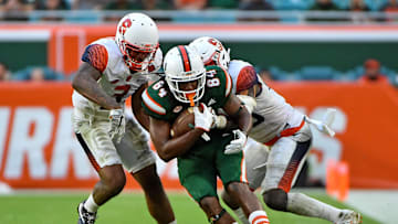 Oct 21, 2017; Miami Gardens, FL, USA; Miami Hurricanes wide receiver Dionte Mullins (84) runs after a catch against the Syracuse Orange during the second half at Hard Rock Stadium. Mandatory Credit: Jasen Vinlove-Imagn Images