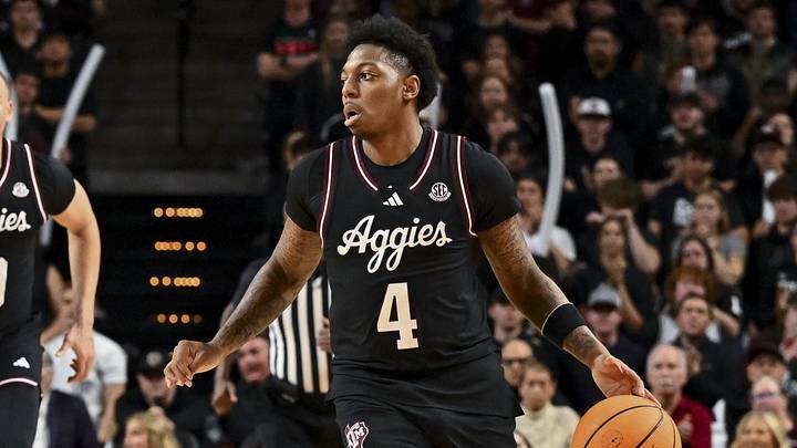 Feb 22, 2025; College Station, Texas, USA; Texas A&M Aggies guard Wade Taylor IV (4) brings the ball down court during the first half against the Tennessee Volunteers at Reed Arena. Mandatory Credit: Maria Lysaker-Imagn Images 